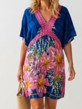 Munny Caftan Tunic Swimsuit Coverup Blue Pink Floral Size Large